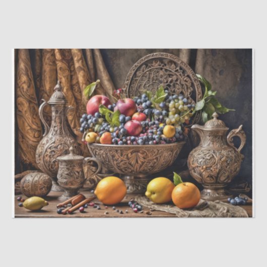 Verziertes Geschirr und Obst - Decoupage - Seidenpapier (Vorderseite)