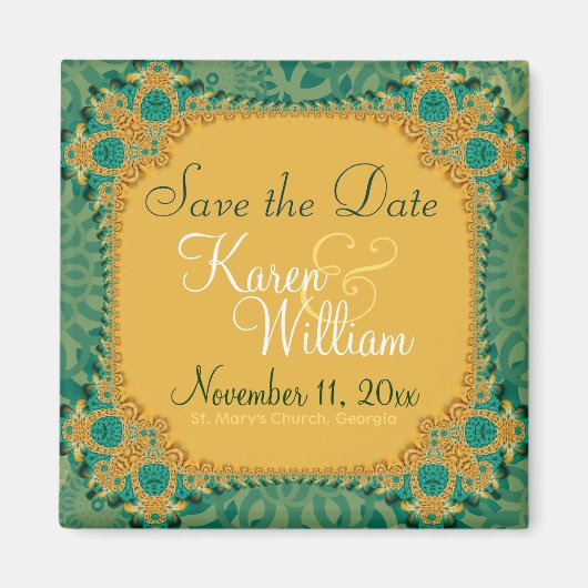 Verziertes Gold Aquamarin Speichern des Datumsfens Magnet (Vorne)