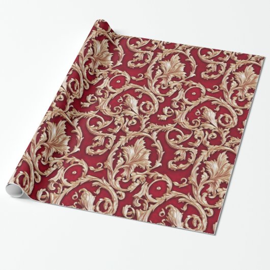 Verziertes Gold Barock Floral Damask Rotes Velvet Geschenkpapier (Ungerollt)