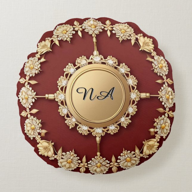 Verziertes Gold-Blumendesign Rundes Kissen (Vorderseite)