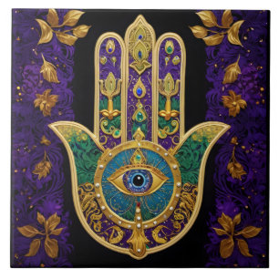 Verziertes Gold Drittes Auge Hamsa Fliese