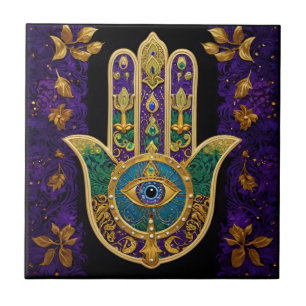 Verziertes Gold Drittes Auge Hamsa Fliese