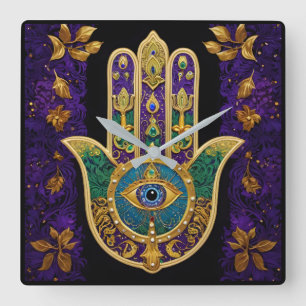 Verziertes Gold Drittes Auge Hamsa Quadratische Wanduhr