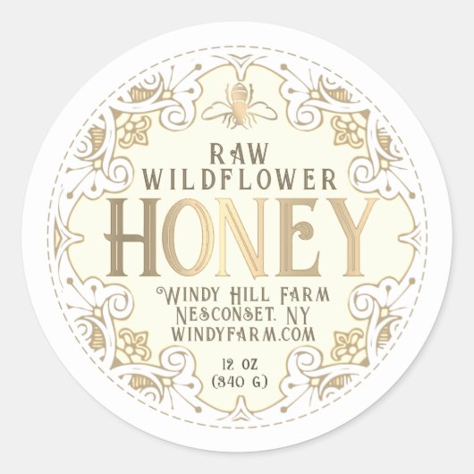Verziertes Gold Frame Bee Lilie Honey Label Runder Aufkleber (Vorderseite)