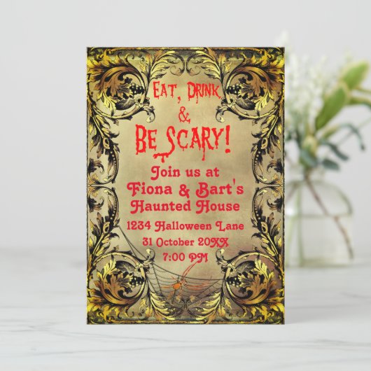 Verziertes Gold Frame Halloween-Party Einladung (Stehend Vorderseite)