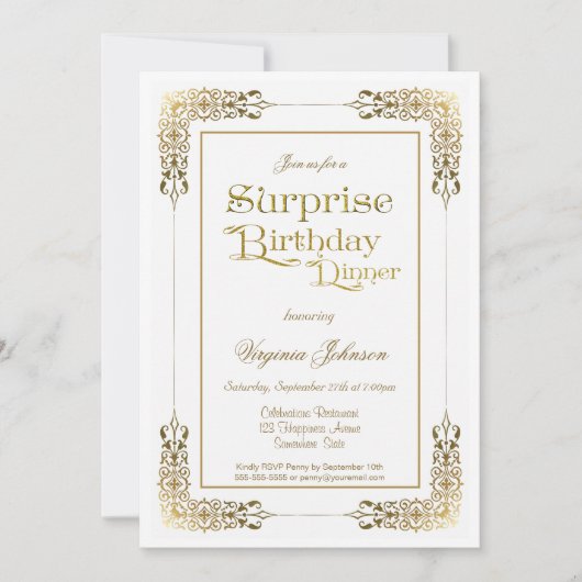 Verziertes Gold Lace Überraschung Geburtstagsfest Einladung (Vorderseite)