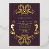 Verziertes Gold Lila Floral Line Monogram Wedding Folieneinladung (Vorderseite)