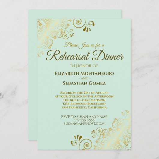 Verziertes Gold & Mint Green Wedding Probe Dinner Einladung (Vorne/Hinten)