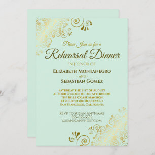 Verziertes Gold & Mint Green Wedding Probe Dinner Einladung