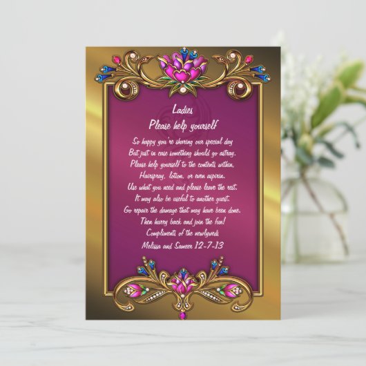 Verziertes Gold Tone Floral Rahmen Hochzeitszettel (Stehend Vorderseite)