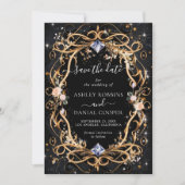 Verziertes Gold und Diamanten Save the Date schwar Einladung (Vorderseite)