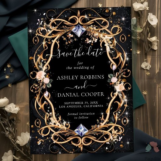 Verziertes Gold und Diamanten Save the Date schwar Einladung