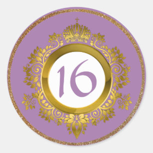 Verziertes Gold und Violet Sweet 16 Geburtstagsauf Runder Aufkleber
