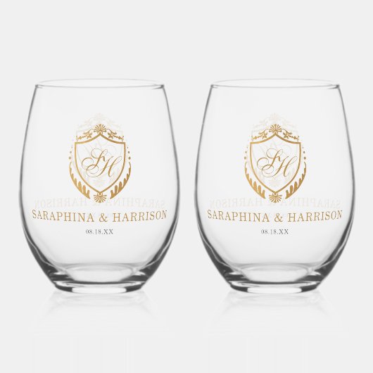 Verziertes Gold Wappen Monogram Wedding Weinglas Ohne Stiel (Rückseite)