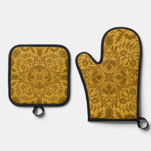 Verziertes goldenes Blumenmuster mit symmetrischen Ofenhandschuh & Topflappen-Set
