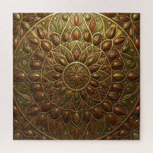 Verziertes goldenes Bronzemandala mit floralem Rel Puzzle