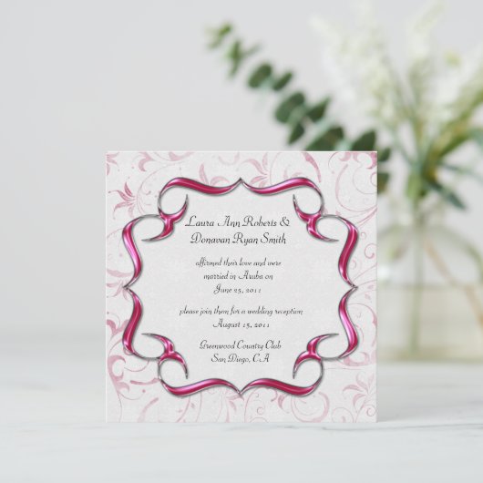 Verziertes, helles Rosa und Silberne Post Einladung (Stehend Vorderseite)