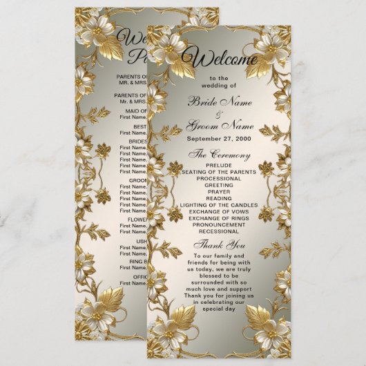 Verziertes Hochzeitsprogramm für White Floral Gold Programm (Vorne/Hinten)