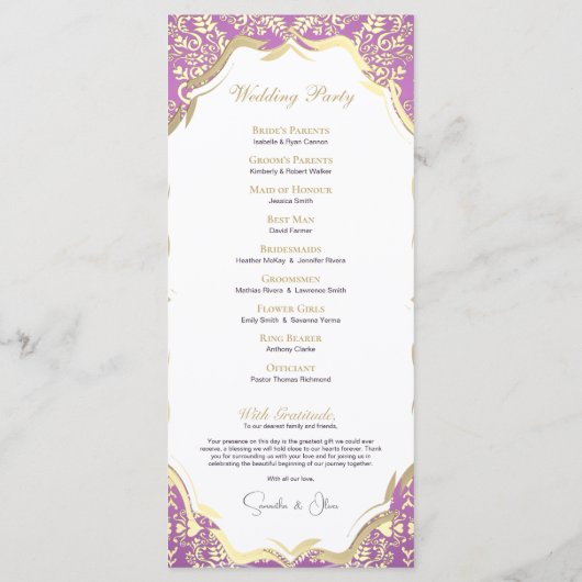 Verziertes Hochzeitsprogramm in Rosa und Gold Programm (Rückseite)