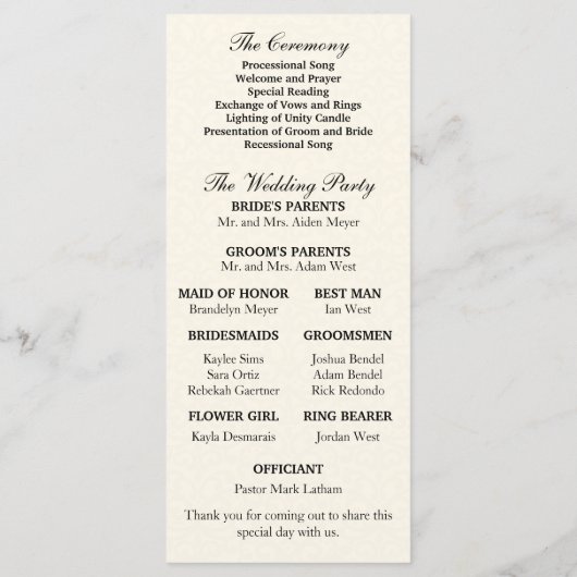 Verziertes Hochzeitsprogramm Programm (Rückseite)