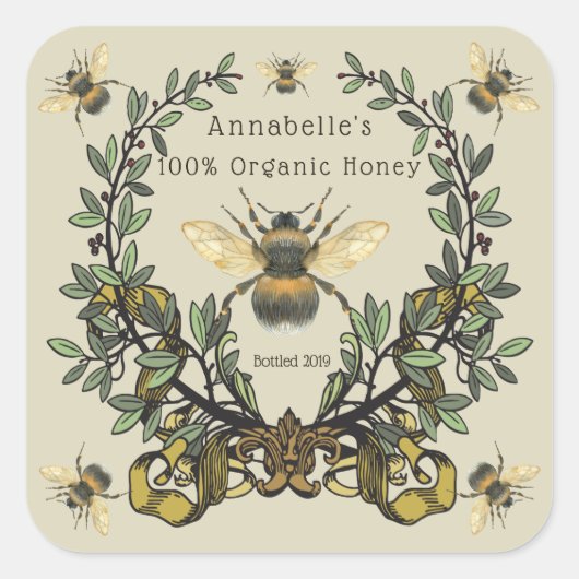 Verziertes Honey-Label personalisieren Quadratischer Aufkleber (Vorderseite)