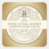 Verziertes Honigetikett mit goldener Note Quadratischer Aufkleber (Vorderseite)