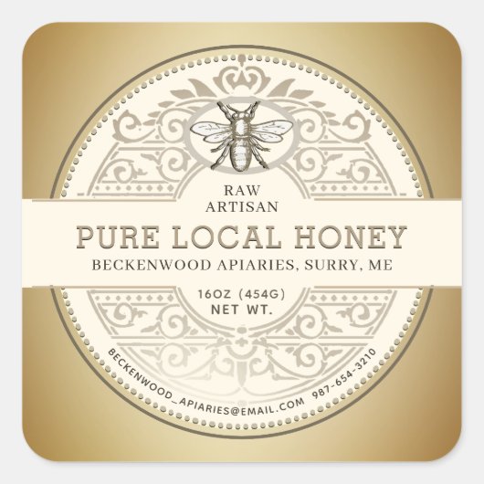 Verziertes Honigetikett mit goldener Note Quadratischer Aufkleber (Vorderseite)