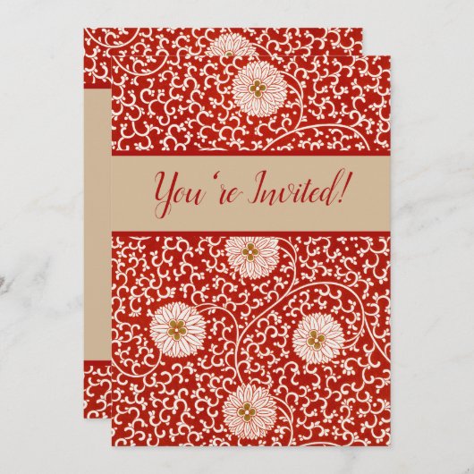 Verziertes klassisches Muster mit roter Blume Einladung (Vorne/Hinten)