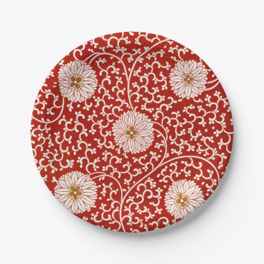 Verziertes klassisches Muster mit roter Blume Pappteller (Vorderseite)