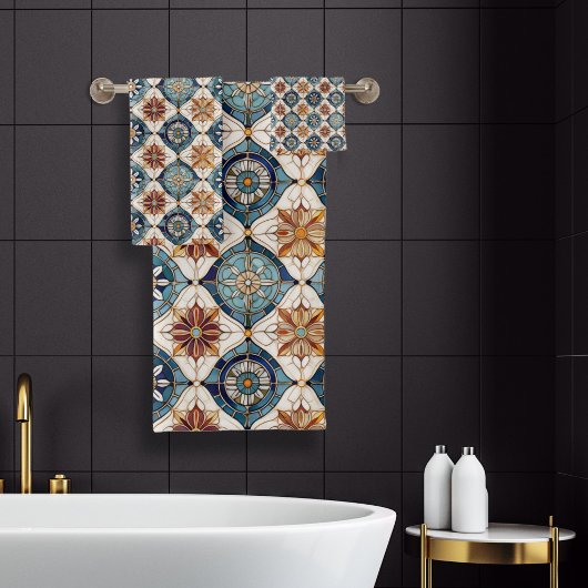 Verziertes marokkanisches Fliesenmuster#3 Blue Gol Badhandtuch Set