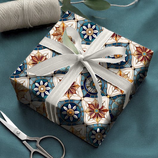 Verziertes marokkanisches Fliesenmuster#3 Blue Gol Geschenkpapier