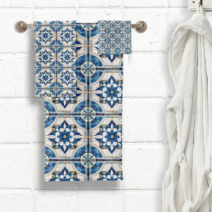 Verziertes marokkanisches Fliesenmuster#4 Blau-Wei Badhandtuch Set