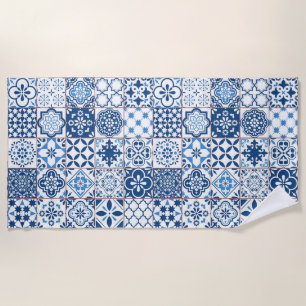 Verziertes mediterranes Indigo-Blau Azulejo-Mosaik Strandtuch