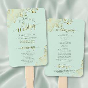 Verziertes Mint Green & Gold Hochzeitsprogramm Fächer
