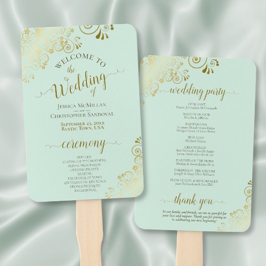 Verziertes Mint Green & Gold Hochzeitsprogramm Fächer
