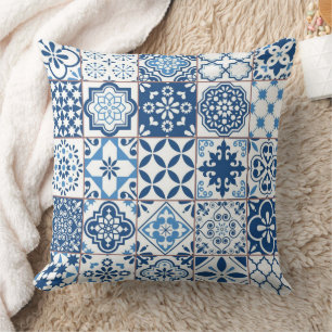 Verziertes Mittelmeer-Indigoblau-Azulejo-Mosaik Kissen