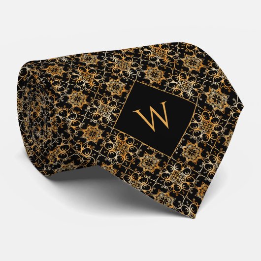 Verziertes Monogramm aus Gold und schwarzem Arabes Krawatte (Gerollt)