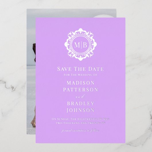 Verziertes Monogramm-Foto mit der Blume speichern  Folieneinladung (Vorderseite/Rückseite)