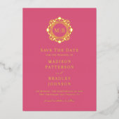 Verziertes Monogramm-Foto mit der Blume speichern Folieneinladung (Vorderseite)