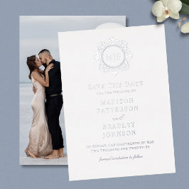 Verziertes Monogramm-Foto mit der Blume speichern Folieneinladung