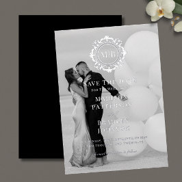 Verziertes Monogramm-Foto mit der Blume speichern Folieneinladung