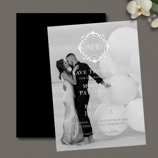 Verziertes Monogramm-Foto mit der Blume speichern Folieneinladung