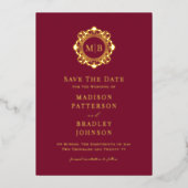 Verziertes Monogramm-Foto mit der Blume speichern Folieneinladung (Vorderseite)