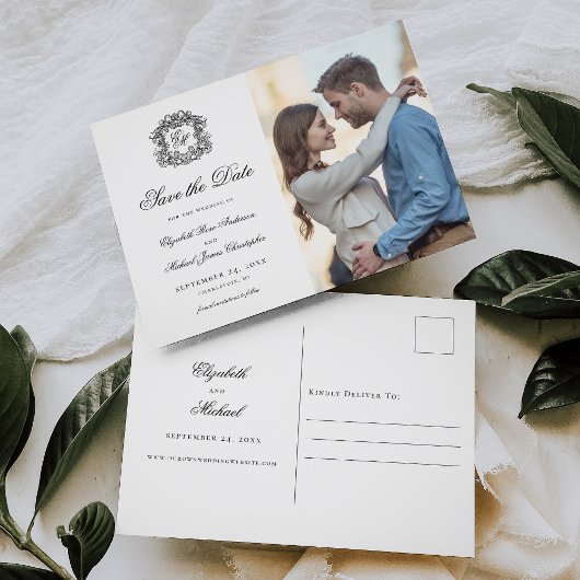 Verziertes Monogramm Wappen Save the Date Foto Ankündigungspostkarte