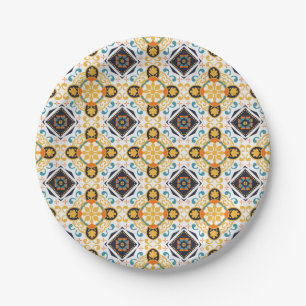 Verziertes Muster mit gelben und blauen geometrisc Pappteller