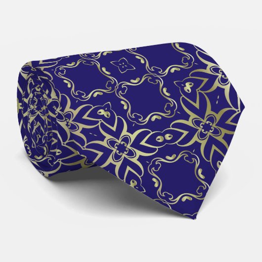 Verziertes Navy Blue and Gold Barock Royal Pattern Krawatte (Gerollt)