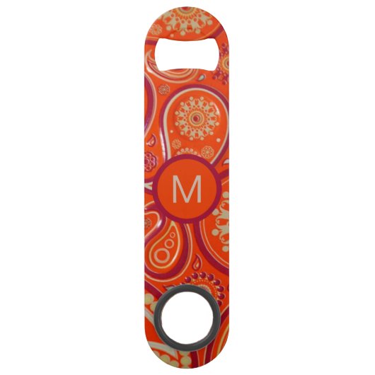 Verziertes Orange Paisley Muster Monogramm Speed Flaschenöffner (Vorderseite)