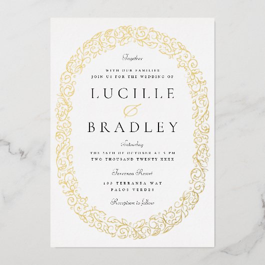 Verziertes Oval von Scrolling-Blätter Folieneinladung (Vorderseite)