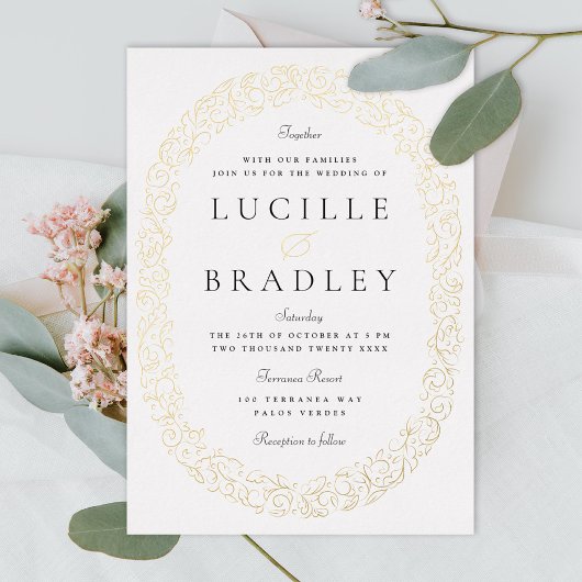 Verziertes Oval von Scrolling-Blätter Folieneinladung