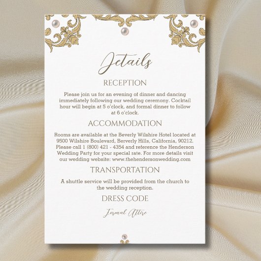 Verziertes Pearl Vintage Hochzeit Details Begleitkarte